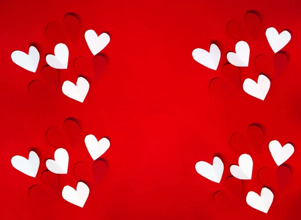 День Святого Валентина Білі Червоні Серця Червоному Тлі Плоска Концепція — стокове фото