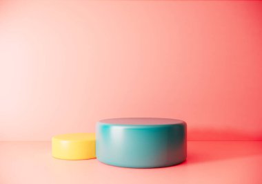 Yeşil ve sarı podyumlu şeftali odasının iç tasarımı. 3d oluşturma