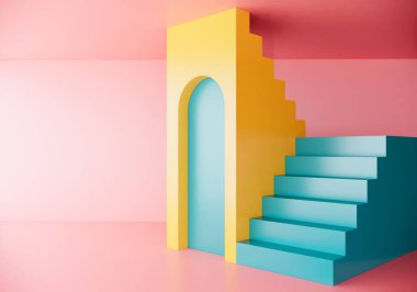 Renkli mobilyalı şeftali odasının iç tasarımı. Çocuk odası fikirleri. 3d oluşturma