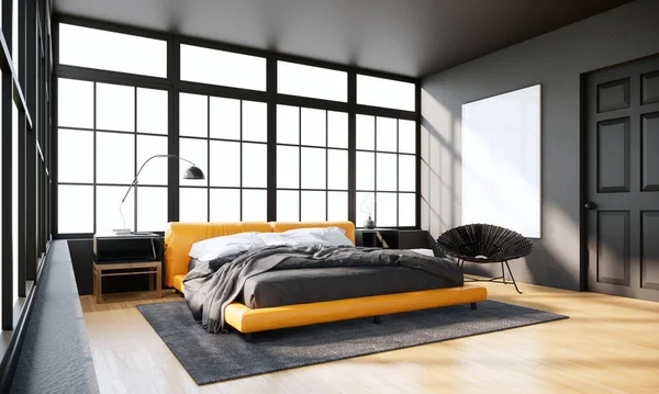 Moderne Schlafzimmereinrichtung Mit Möbeln Grauer Wand Parkettboden Und Bilderrahmen Attrappe — Stockfoto