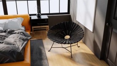 Modern yatak odası iç tasarımı, çağdaş oda konsepti, eğik çekim, video 4k 3d animasyon