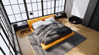 Sarı yataklı modern gri yatak odası iç tasarımı. Odada dışarıyı görmek için pencere camı var. çağdaş oda konsepti, eğik çekim, video 4k 3d animasyon