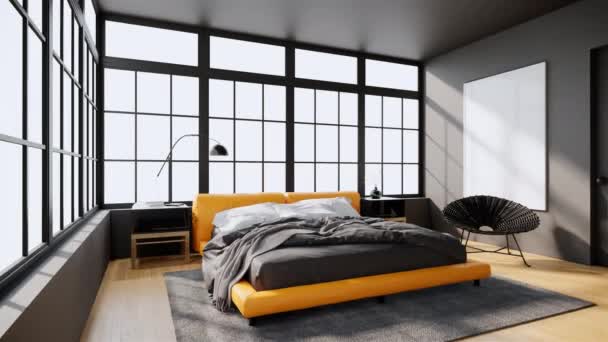 现代居室室内设计 有黄色的床和大玻璃窗 可以看到外面的风景 当代房间概念 旋转拍摄 视频4K 3D动画 — 图库视频影像