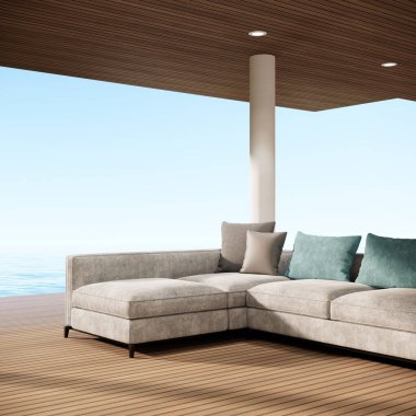 Modern Lüks Plaj Villa Oteli Okyanus Gökyüzü, Kanepeli Ahşap Teras, 3D