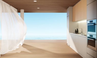 Wood Terrace ve Kitchen, Ocean Sky Manzaralı Modern Lüks Plaj Villa Oteli.