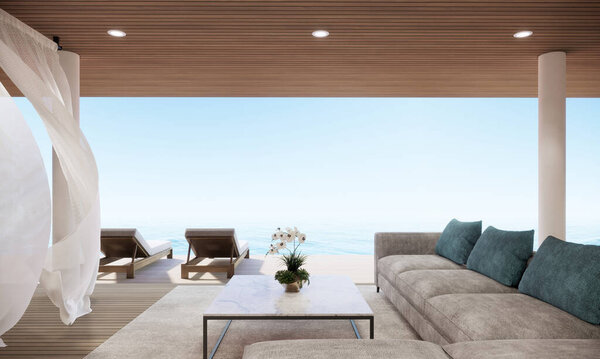Modern Luxury Beach Villa Hotel with Ocean Sky view, 3D Rendering