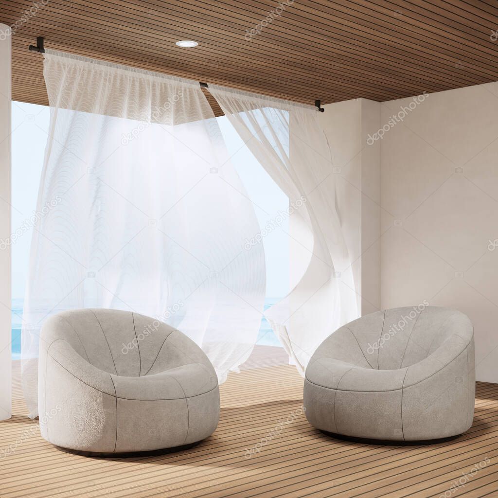 Beach Terrace Modern Japandi Villa Hotel, wood terrace with white chairs and curtain , 3D Rendering
