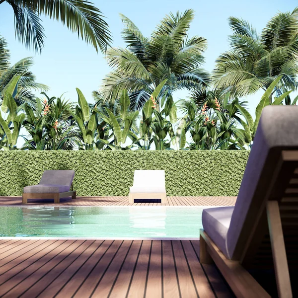 Lüks Plaj Villa Oteli, yüzme havuzu ve ahşap terası, 3D arkaplan 