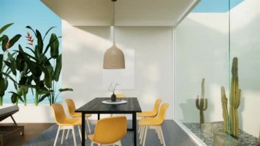 Modern beach villa. white room with furniture. The Rooms have yellow sofa, dining table, cactus garden and balcony. zoom out video ultra HD 4K 3840x2160, 3D animation