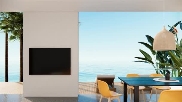 Modern Beach Villa White Room Furniture Television Mockup Pan Right — Stock video