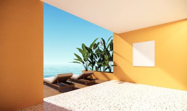 Modern oda, doğa manzaralı arka plan 3D görüntülü. Odaların sarı duvarında boş bir çerçeve, beton zemin ve havuz sandalyeli balkon var. Odaya güneş ışığı giriyor.