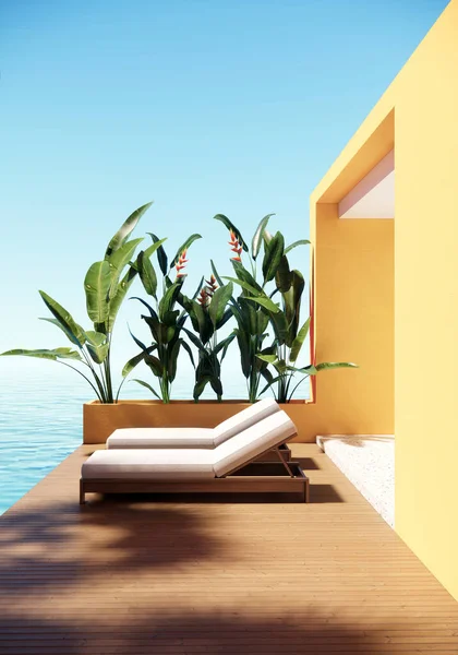 Modern Room Nature Sea View Background Render Rooms Have Yellow — Stockfoto
