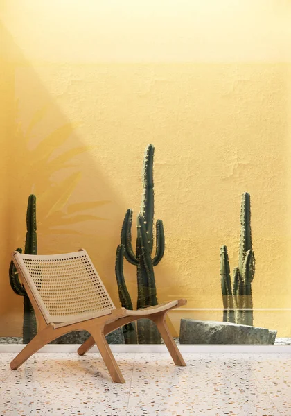 Modern Yellow Room Cactus Garden Yellow Wall Concrete Floors Chair — 스톡 사진
