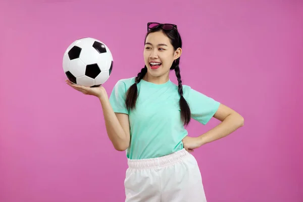 Young Asian Woman Isolated Pink Background Holding Soccer Ball Football — Stok fotoğraf