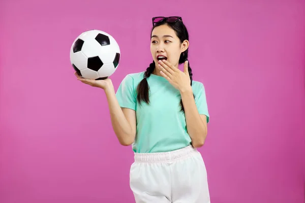 Surprised Asian Woman Isolated Pink Background Holding Soccer Ball Footaball — Foto Stock