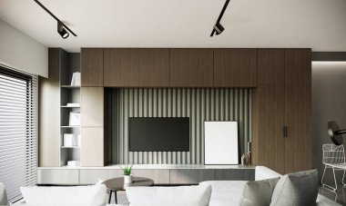 Modern oda fikirleri, oturma odasının iç mekanı. Televizyon modeli, 3 boyutlu görüntüleme.
