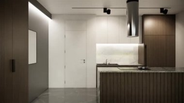 Mobilyalı modern İskandinav odasının içi. Çağdaş apartman tarzı. Beyaz oda fikirleri, görüntüyü büyüt 4k animasyon