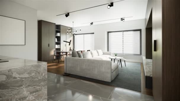 家具付きのモダンなジャパニルームデザイン 現代的な白いアパートのアイデア 3Dビデオ4Kアニメーション — ストック動画