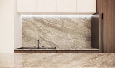 Modern japandi stili mutfak iç tasarımı mermer masa ile. Modern apartman fikirleri. 3B görüntüleme