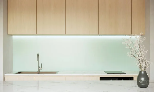 Japandi Kök Idéer Inredning Med Marmor Bord Modern Lägenhet Stil — Stockfoto