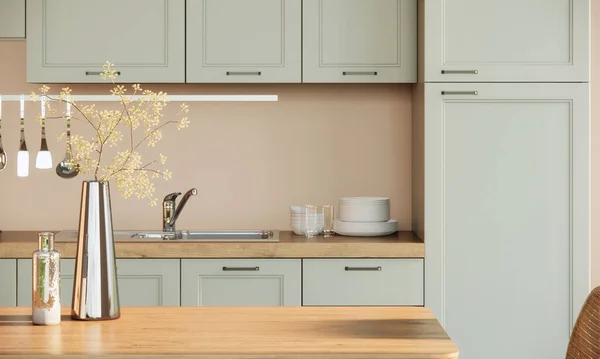 Cocina Moderna Japandi Comedor Diseño Interiores Mesa Madera Cerca Ideas — Foto de Stock