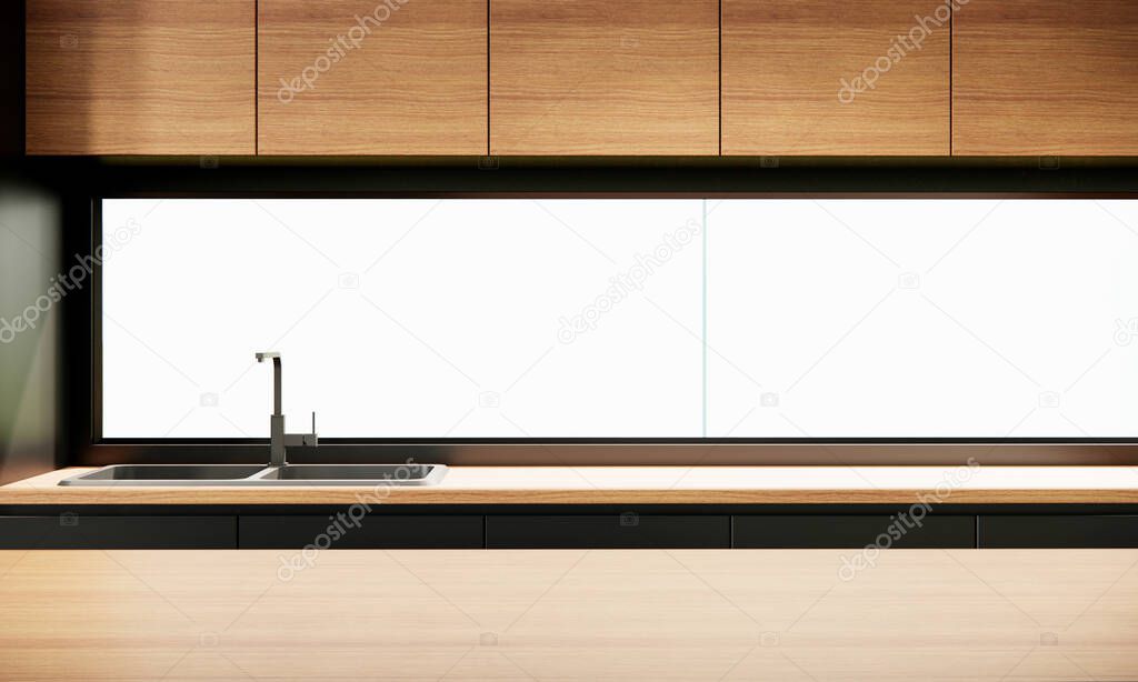 Japandi styles apartment room, modern black kitchen interior with wooden furniture, 3D rendering