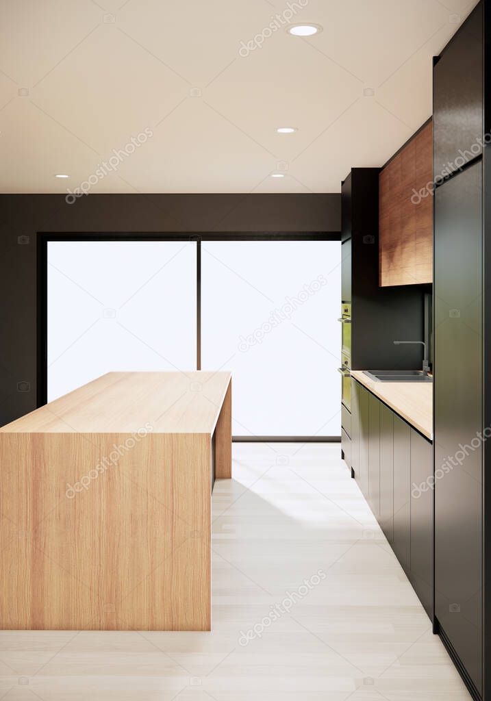 modern japandi style room, black kitchen interior with wooden furniture, 3D rendering