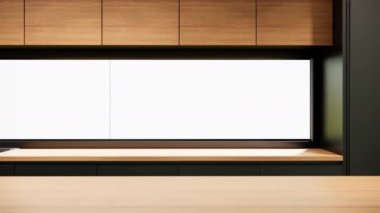 Japonya mutfağı fikirleri, mobilyalarla dolu bir oda. Modern apartman tasarımı. Sol yakın çekim video 4k animasyonu