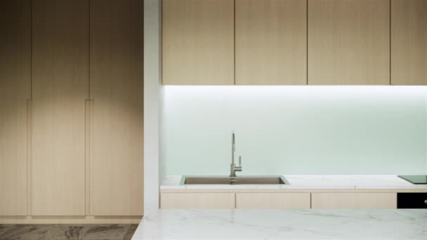 家具付きのジャパンディスタイルのキッチンインテリアデザイン 近代的な白いアパートのアイデア パン右クローズアップビデオ4Kアニメーション — ストック動画