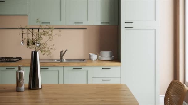 家具付きの白いジャパンディキッチンとダイニングルームのインテリア 現代的なアパートのアイデア パン左クローズアップビデオ4Kアニメーション — ストック動画