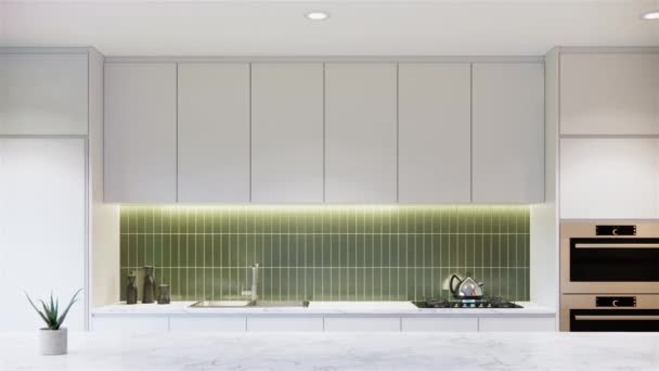 白色现代厨房内部与家具 现代公寓设计 左盘特写拍摄视频4K动画 — 图库视频影像