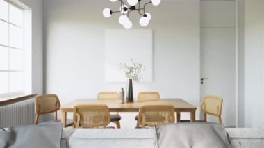 4K video animasyonu, Japon tarzı stüdyo odası iç dizaynı ve dekorasyonu açık gri kumaş kanepe ve yastık ahşap yemek masası ve sandalyelerle tasarlandı. 3D görüntüleme odası iç mekan.