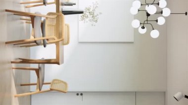 4K 3D işlemeli ahşap yemek masası ve ahşap sandalyeler ve siyah resim çerçevesi dikey olarak japandi tarzı animasyon video sahnesi.