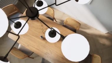 Minimalist stil modelleme stüdyo dairesinin 4k video animasyonu ahşap yemek masası ve Chiars üst manzara ile iç tasarım ve dekorasyonu. 3D hazırlama boş yemek masası sahnesi.