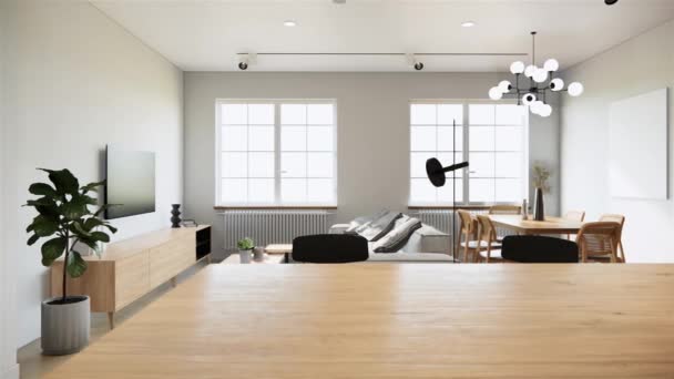 家具付きのジャパンディスタイルの部屋のインテリア 現代的なアパートのデザイン パン右ショットビデオ4Kアニメーション — ストック動画