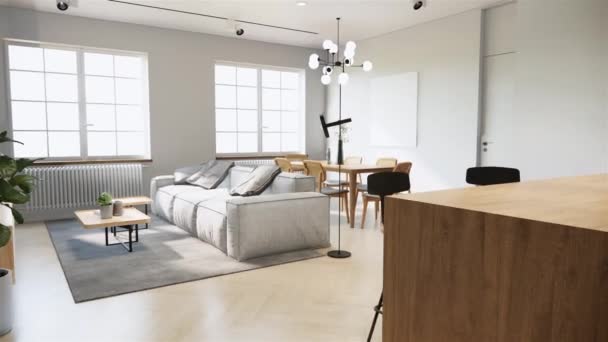 4K视频动画造型最小的日本风格工作室室内设计和装饰与浅灰面料沙发和枕头木制餐桌和椅子 3D渲染室内部场景 — 图库视频影像