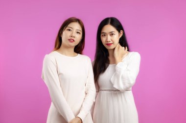 Lgbtq Lezbiyen çift kavramında poz veren Asyalı genç kadınlar pembe arka planda izole edilmiş..