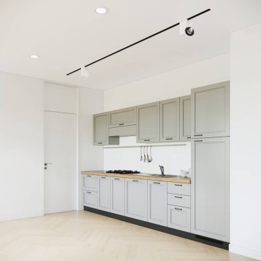 Mutfak odasının iç tasarımı ve dekorasyonu tezgah ve dolaplarda açık yeşil renkte. 3D hazırlama mutfak odası maketi.