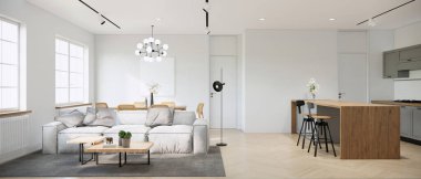 3D, stüdyo daire hazırlıyor. modern japandi iç tasarım ve dekorasyon kanepe ahşap sehpa ahşap ada ve mutfak tezgahı yemek masası ve sandalyeler.