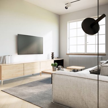 japandi modern stil daire iç tasarımı siyah ekran televizyon modeli, beyaz oda fikirleri, 3D arka plan