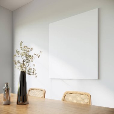 Modern Japandi yemek odası iç tasarımı ve dekorasyonuyla siyah çerçeve modelini beyaz duvarlı ahşap yemek masasında ve siyah vazoda beyaz çiçeklerle süslüyor. 3D yemek masası hazırlama.