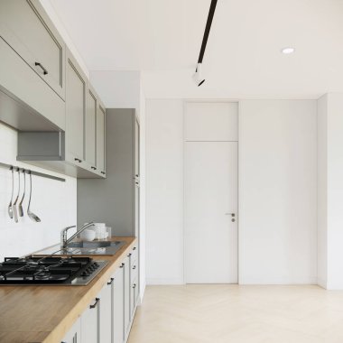 Modern kichen oda iç tasarımı ve dekorasyonunu açık yeşil tezgah ve dolapların ahşap parke zeminiyle kapatın. 3D mutfak odası.