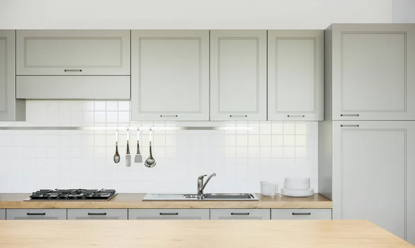 Modern İngiliz tarzı taşra tarzı mutfak iç mimarisi ve ahşap masa ve mutfak tezgahı yeşili dolaplar. 3D modelleme kiler tezgahı.