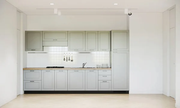 Mock Μοντέρνα Κουζίνα Δωμάτιο Εσωτερικό Σχεδιασμό Και Διακόσμηση Ανοιχτό Πράσινο — Φωτογραφία Αρχείου