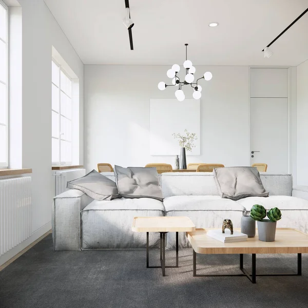 Μοντέρνο Στυλ Japandi Σαλόνι Εσωτερική Διακόσμηση Λευκό Διαμέρισμα Ιδέες Φως — Φωτογραφία Αρχείου