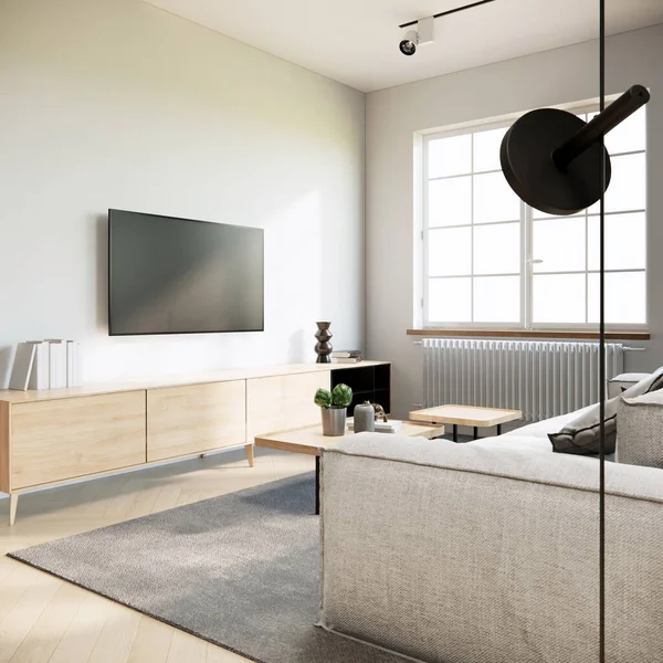 japandi modern stil daire iç tasarımı siyah ekran televizyon modeli, beyaz oda fikirleri, 3D arka plan