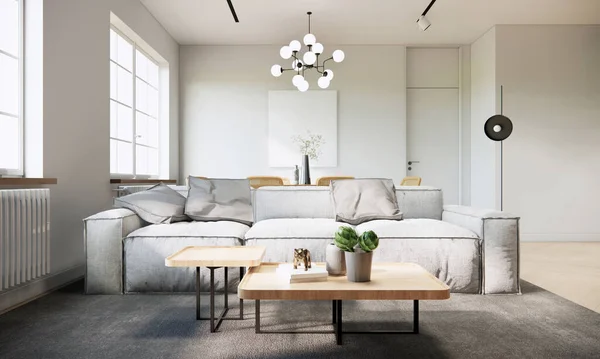 家具付きのモダンな和室のインテリア 白いアパートのアイデア 窓からの日光 3Dレンダリング — ストック写真