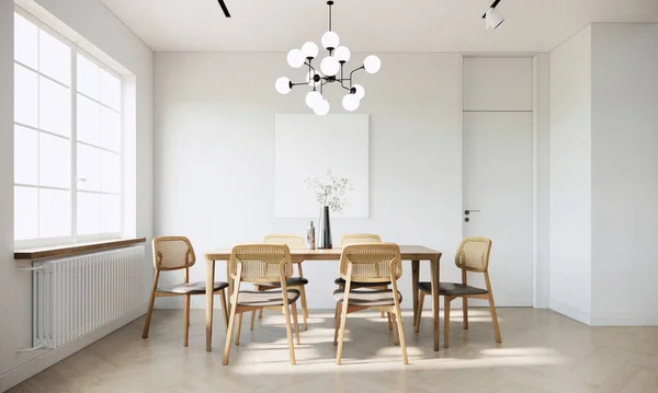 Japandi Μοντέρνο Σκανδιναβικό Στυλ Διαμέρισμα Εσωτερικό Λευκό Ιδέες Τραπεζαρία Φόντο — Φωτογραφία Αρχείου