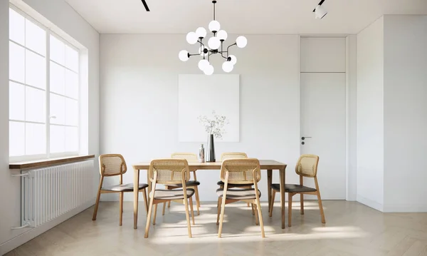 Japonya modern İskandinav tarzı daire iç mimarisi, beyaz yemek odası fikirleri, 3D arka plan.