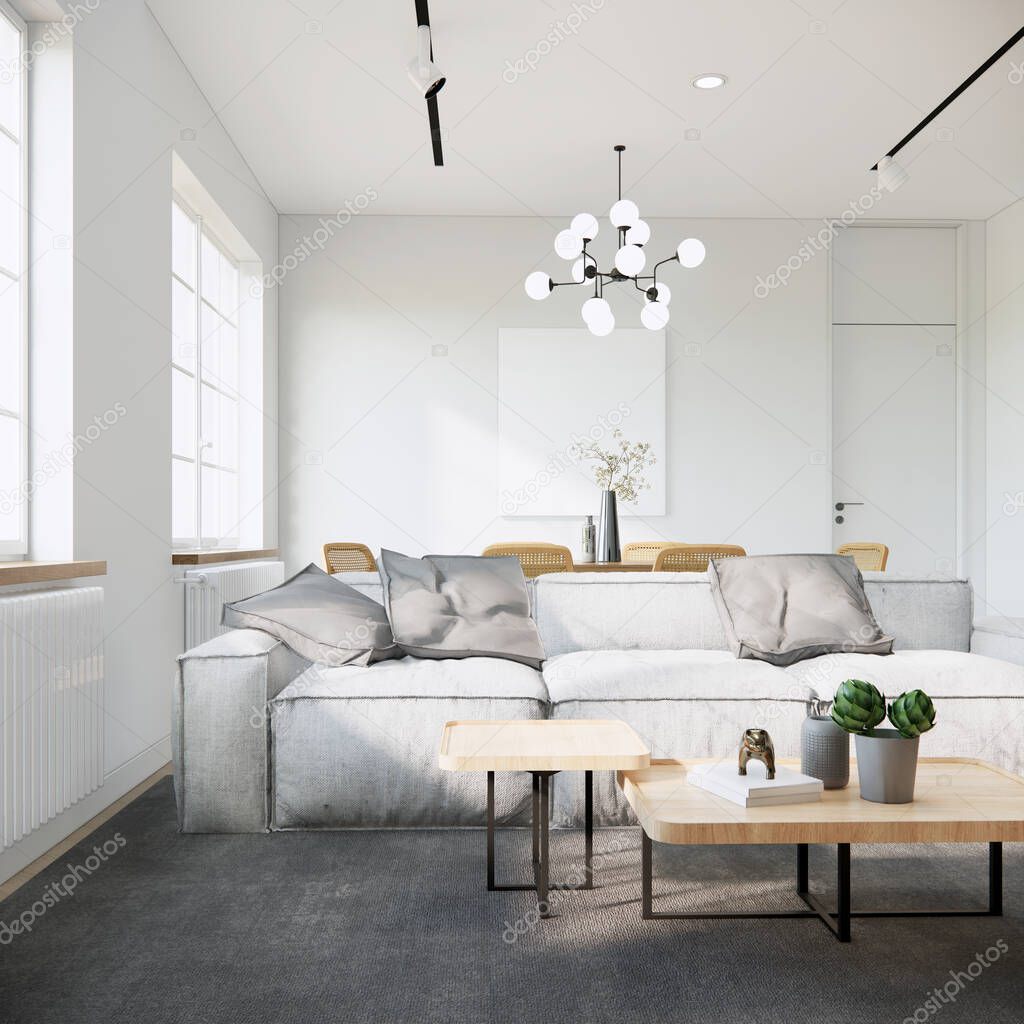 Modern Japandi style living room interior design, white apartment ideas, sunlight from window. 3d rendering